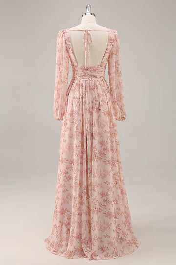 Pink Floral Chiffon V-Neck Long Sleeves Bridesmaid Dress with Slit